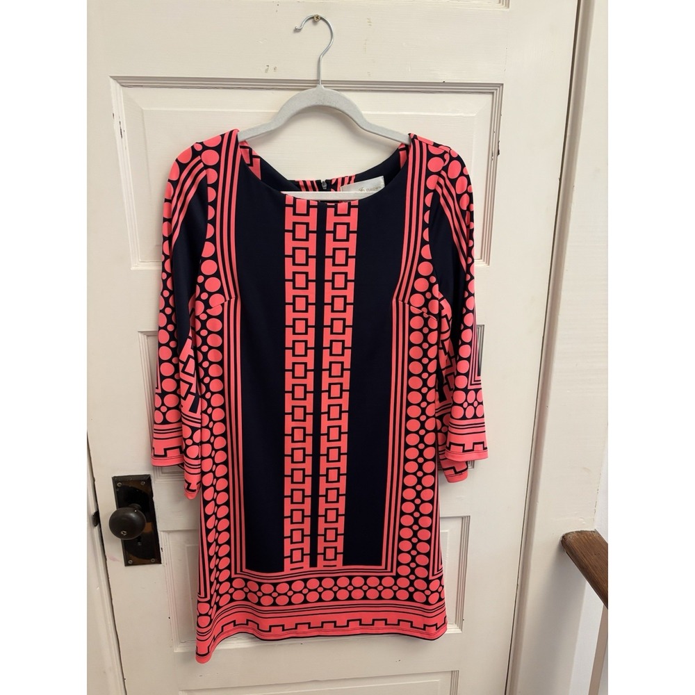 JB By Julie Brown Navy Pink‎ Patterned Goldie Dress 3/4 Sleeves Size Medium